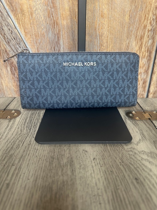 Michael Kors Handbags - Michael Kors Navy MK Logo Zip Wallet with Silver Hardware